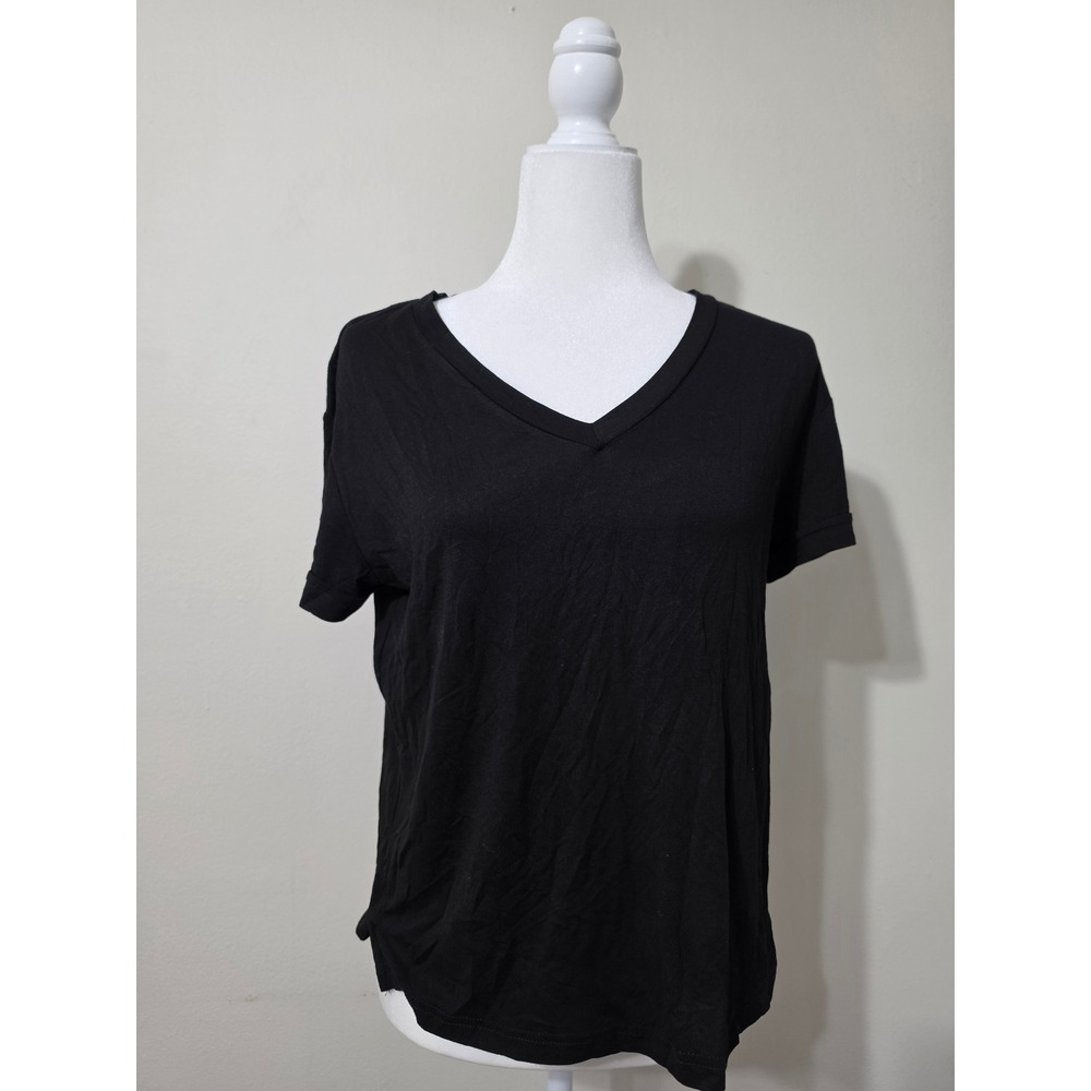 CeCe Womens Black V-Neck Short Sleeve T-Shirt Size Small Rayon Blend